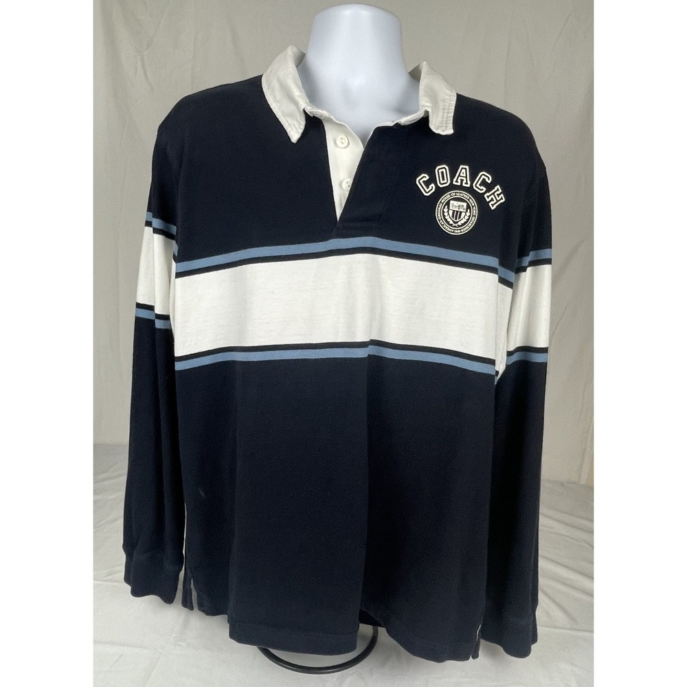 Coach Rugby Shirts Mens XXL Navy White Long Sleeve Polo Big Logo Crest Preppy
